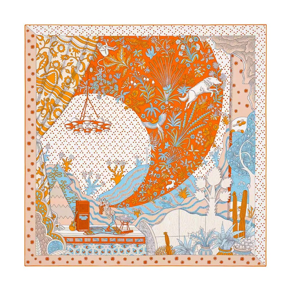 Hermes Le Premier Chant Orange / Blanc / Blue Ciel Silk Scarf 90